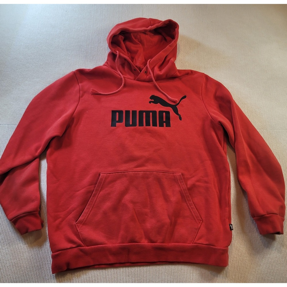 Puma Hoodie Mens M Red Big Logo Graphic Fleece Pullover Kangaroo Sweatshirt